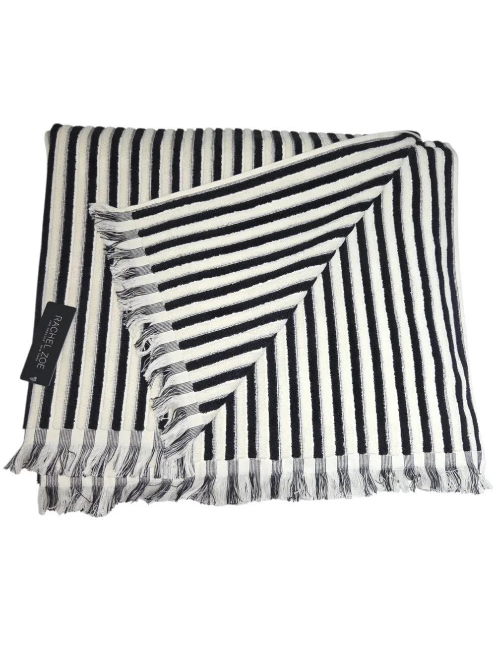 Set of 2 Rachel Zoe Cream Black Striped Fringe Oversized Beach Towel 40x70